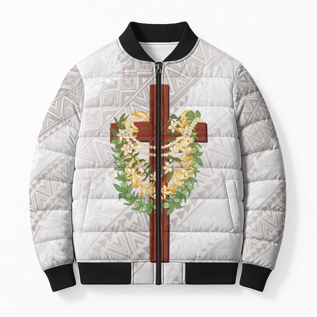 Hawaii Ka Pule a ka Haku Memorial Bomber Puffer Jacket Flower Lei Cross - Ivory White LT7 Unisex Ivory - Polynesian Pride