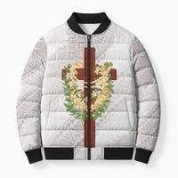 Hawaii Ka Pule a ka Haku Memorial Bomber Puffer Jacket Flower Lei Cross - Ivory White LT7 Unisex Ivory - Polynesian Pride