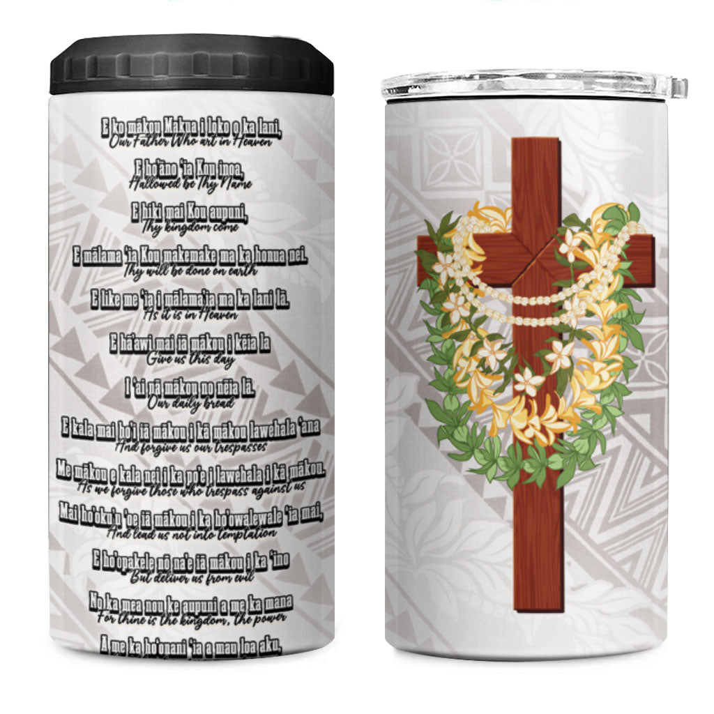 Hawaii Ka Pule a ka Haku Memorial 4 in 1 Can Cooler Tumbler Flower Lei Cross - Ivory White LT7 One Size: 16 oz Ivory - Polynesian Pride