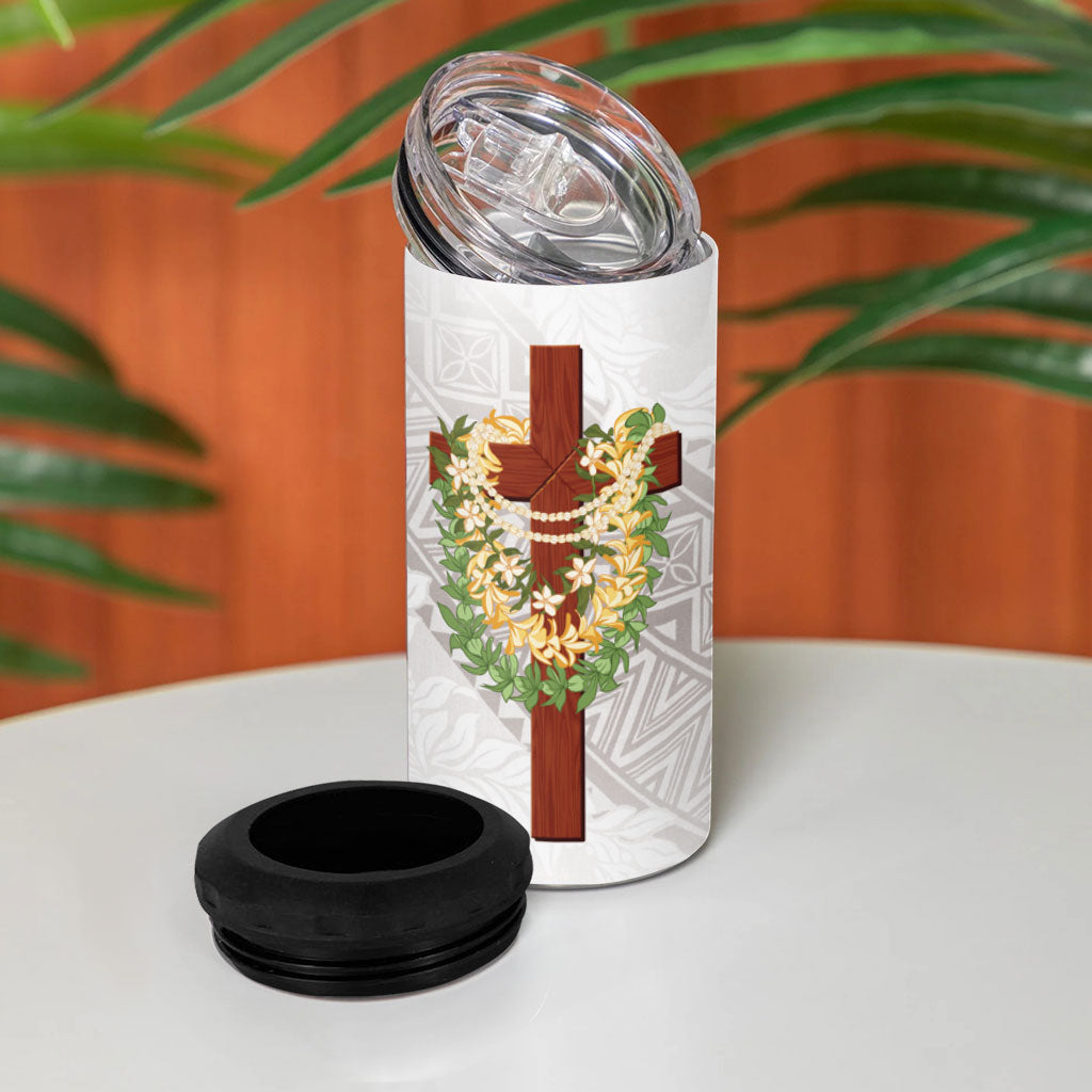 Hawaii Ka Pule a ka Haku Memorial 4 in 1 Can Cooler Tumbler Flower Lei Cross - Ivory White LT7 - Polynesian Pride