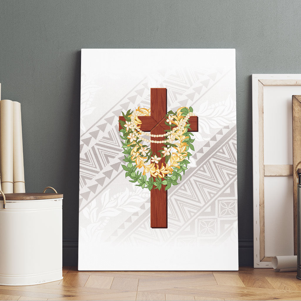Hawaii Ka Pule a ka Haku Memorial Canvas Wall Art Flower Lei Cross - Ivory White LT7 - Polynesian Pride