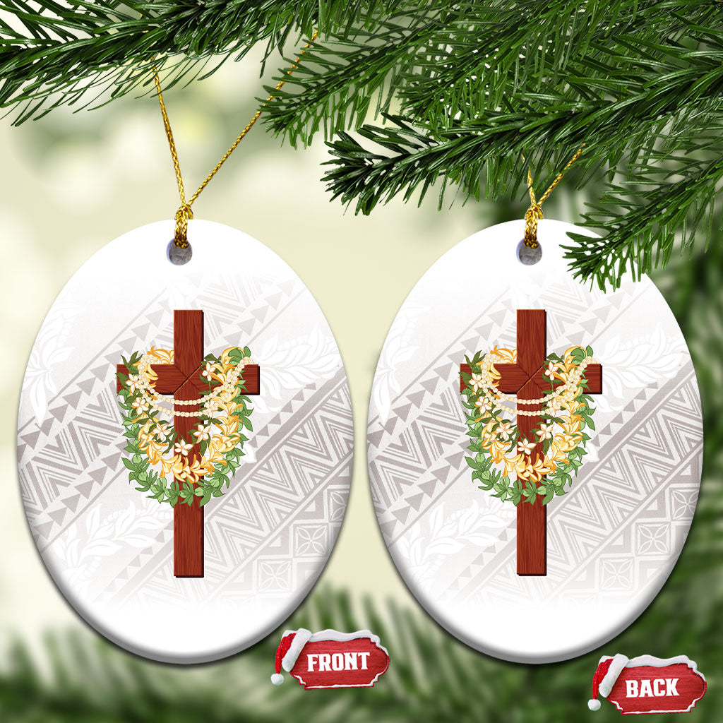 Hawaii ⁠Ka Pule a ka Haku Memorial Ceramic Ornament Flower Lei Cross - Ivory White