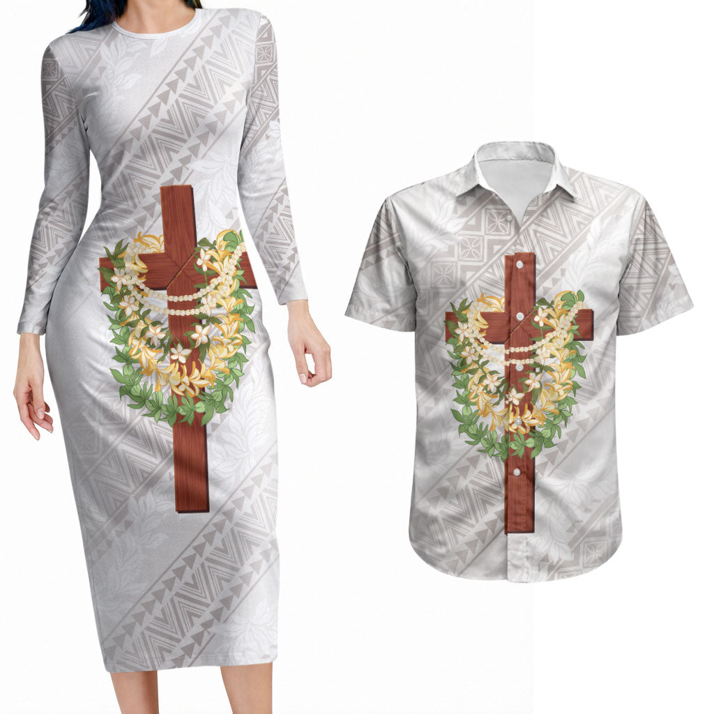 Hawaii Ka Pule a ka Haku Memorial Couples Matching Long Sleeve Bodycon Dress and Hawaiian Shirt Flower Lei Cross - Ivory White LT7 Ivory - Polynesian Pride