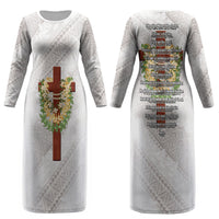 Hawaii Ka Pule a ka Haku Memorial Couples Matching Long Sleeve Bodycon Dress and Hawaiian Shirt Flower Lei Cross - Ivory White LT7 - Polynesian Pride