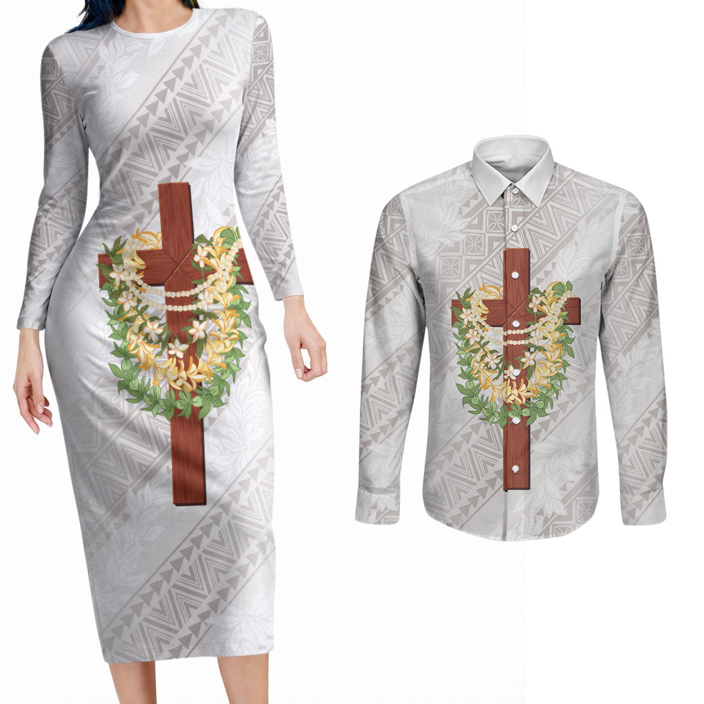 Hawaii Ka Pule a ka Haku Memorial Couples Matching Long Sleeve Bodycon Dress and Long Sleeve Button Shirt Flower Lei Cross - Ivory White LT7 Ivory - Polynesian Pride