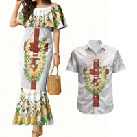 Hawaii Ka Pule a ka Haku Memorial Couples Matching Mermaid Dress and Hawaiian Shirt Flower Lei Cross - Ivory White LT7 Ivory - Polynesian Pride
