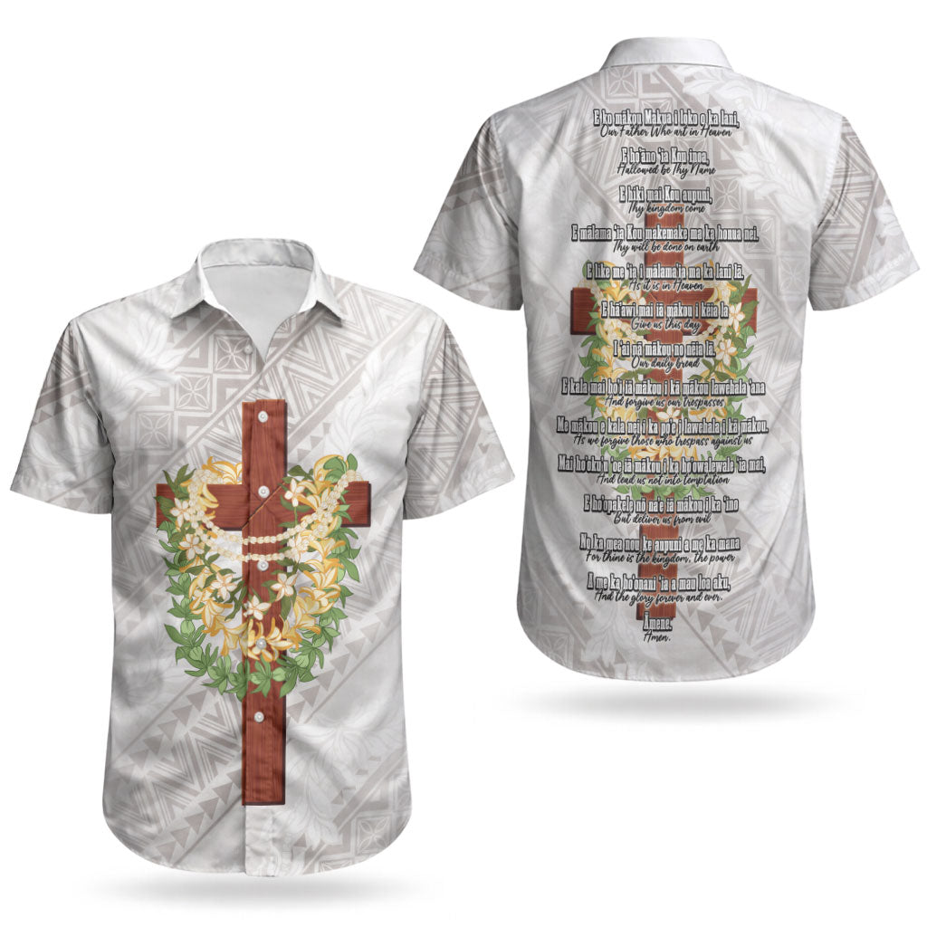 Hawaii Ka Pule a ka Haku Memorial Couples Matching Mermaid Dress and Hawaiian Shirt Flower Lei Cross - Ivory White LT7 - Polynesian Pride