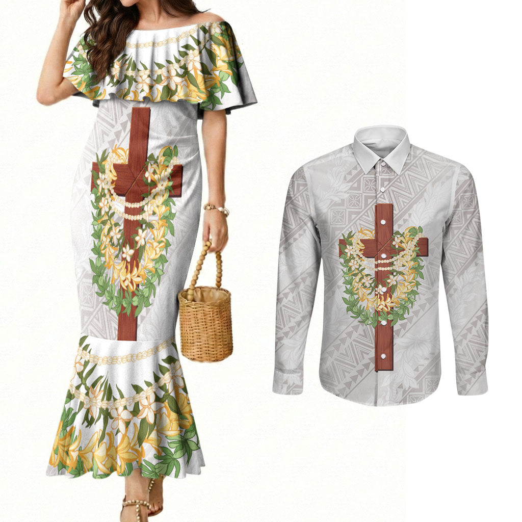 Hawaii Ka Pule a ka Haku Memorial Couples Matching Mermaid Dress and Long Sleeve Button Shirt Flower Lei Cross - Ivory White LT7 Ivory - Polynesian Pride