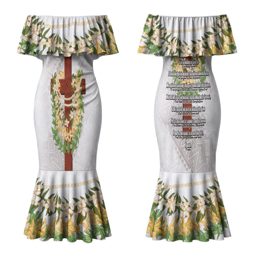 Hawaii Ka Pule a ka Haku Memorial Couples Matching Mermaid Dress and Long Sleeve Button Shirt Flower Lei Cross - Ivory White LT7 - Polynesian Pride