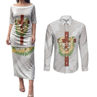 Hawaii Ka Pule a ka Haku Memorial Couples Matching Puletasi and Long Sleeve Button Shirt Flower Lei Cross - Ivory White LT7 Ivory - Polynesian Pride