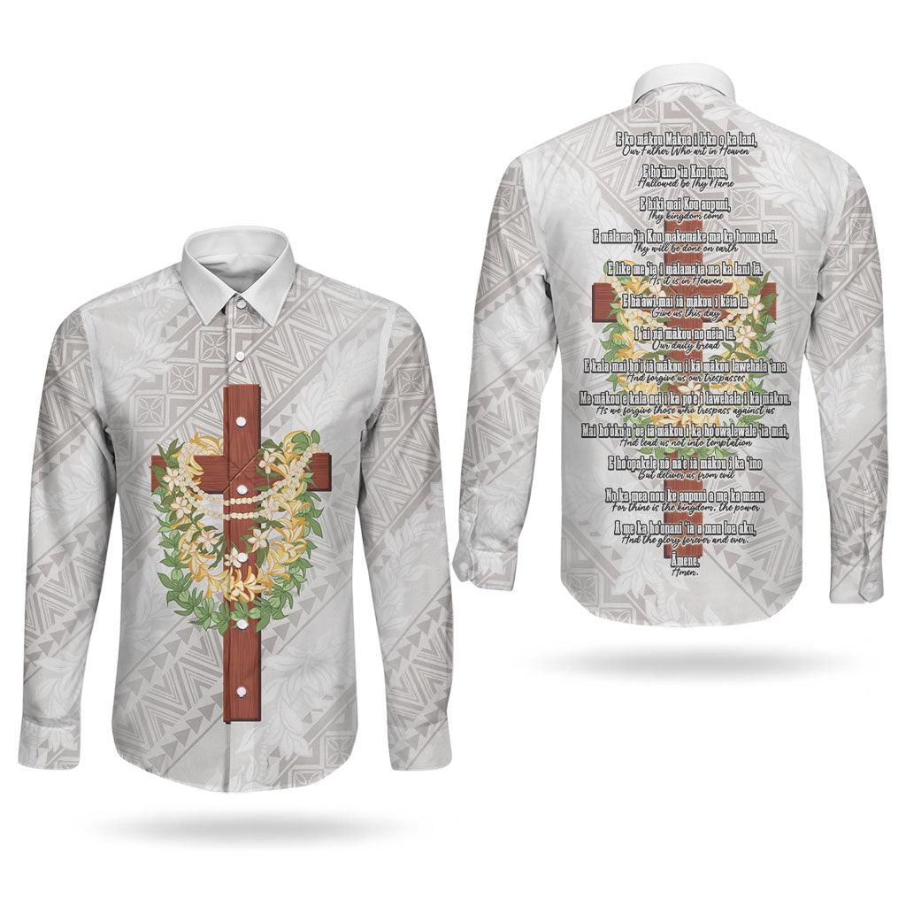 Hawaii Ka Pule a ka Haku Memorial Couples Matching Puletasi and Long Sleeve Button Shirt Flower Lei Cross - Ivory White LT7 - Polynesian Pride