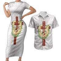 Hawaii Ka Pule a ka Haku Memorial Couples Matching Short Sleeve Bodycon Dress and Hawaiian Shirt Flower Lei Cross - Ivory White LT7 Ivory - Polynesian Pride