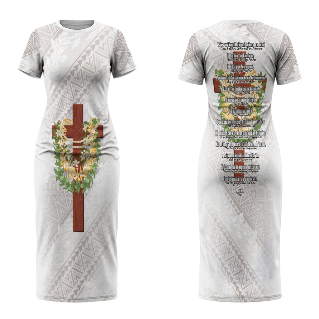 Hawaii Ka Pule a ka Haku Memorial Couples Matching Short Sleeve Bodycon Dress and Hawaiian Shirt Flower Lei Cross - Ivory White LT7 - Polynesian Pride