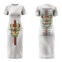 Hawaii Ka Pule a ka Haku Memorial Couples Matching Short Sleeve Bodycon Dress and Hawaiian Shirt Flower Lei Cross - Ivory White LT7 - Polynesian Pride