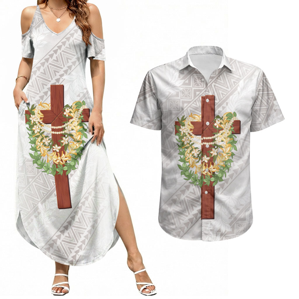 Hawaii Ka Pule a ka Haku Memorial Couples Matching Summer Maxi Dress and Hawaiian Shirt Flower Lei Cross - Ivory White LT7 Ivory - Polynesian Pride