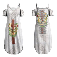 Hawaii Ka Pule a ka Haku Memorial Couples Matching Summer Maxi Dress and Long Sleeve Button Shirt Flower Lei Cross - Ivory White LT7 - Polynesian Pride