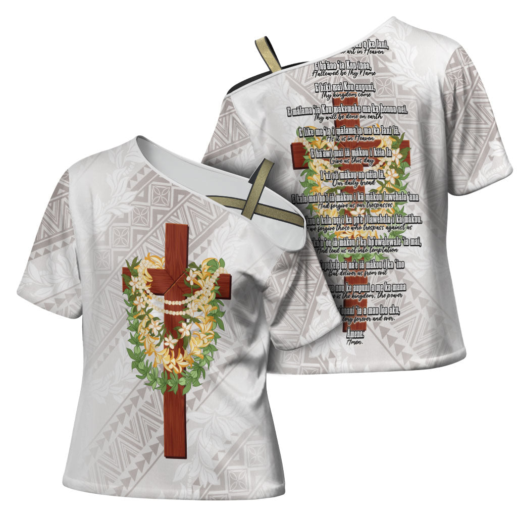 Hawaii Ka Pule a ka Haku Memorial Cross Shoulder Shirt Flower Lei Cross - Ivory White LT7 - Polynesian Pride