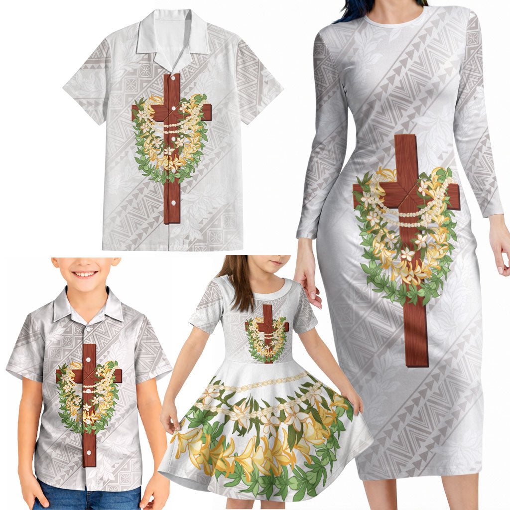 Hawaii Ka Pule a ka Haku Memorial Family Matching Long Sleeve Bodycon Dress and Hawaiian Shirt Flower Lei Cross - Ivory White LT7 - Polynesian Pride