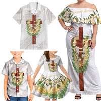 Hawaii Ka Pule a ka Haku Memorial Family Matching Off Shoulder Maxi Dress and Hawaiian Shirt Flower Lei Cross - Ivory White LT7 - Polynesian Pride