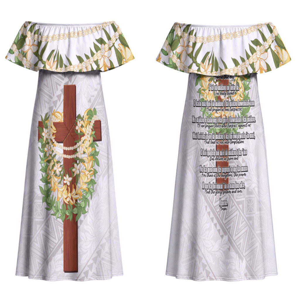Hawaii Ka Pule a ka Haku Memorial Family Matching Off Shoulder Maxi Dress and Hawaiian Shirt Flower Lei Cross - Ivory White LT7 Mom's Dress Ivory - Polynesian Pride