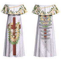 Hawaii Ka Pule a ka Haku Memorial Family Matching Off Shoulder Maxi Dress and Hawaiian Shirt Flower Lei Cross - Ivory White LT7 Mom's Dress Ivory - Polynesian Pride