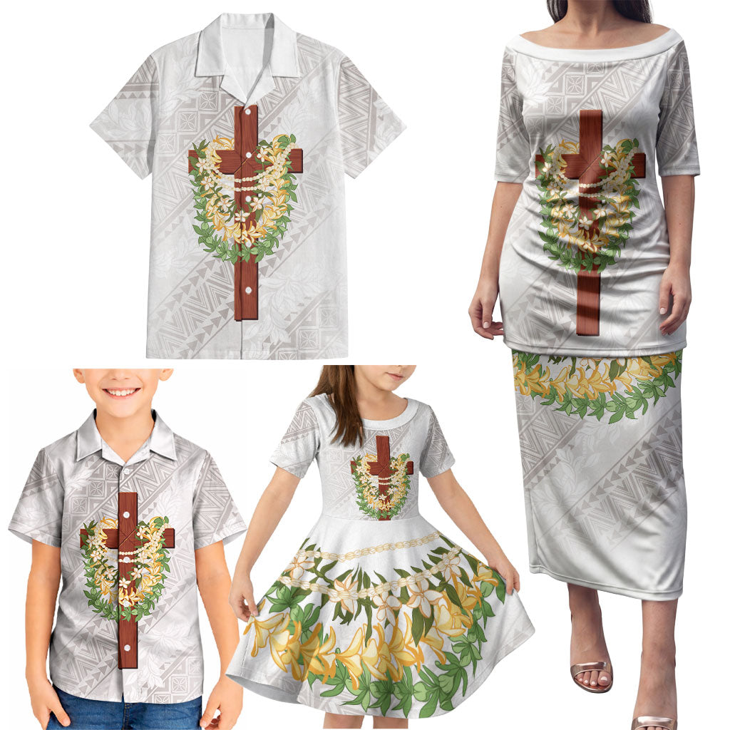 Hawaii Ka Pule a ka Haku Memorial Family Matching Puletasi and Hawaiian Shirt Flower Lei Cross - Ivory White LT7 - Polynesian Pride