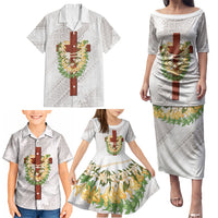 Hawaii Ka Pule a ka Haku Memorial Family Matching Puletasi and Hawaiian Shirt Flower Lei Cross - Ivory White LT7 - Polynesian Pride