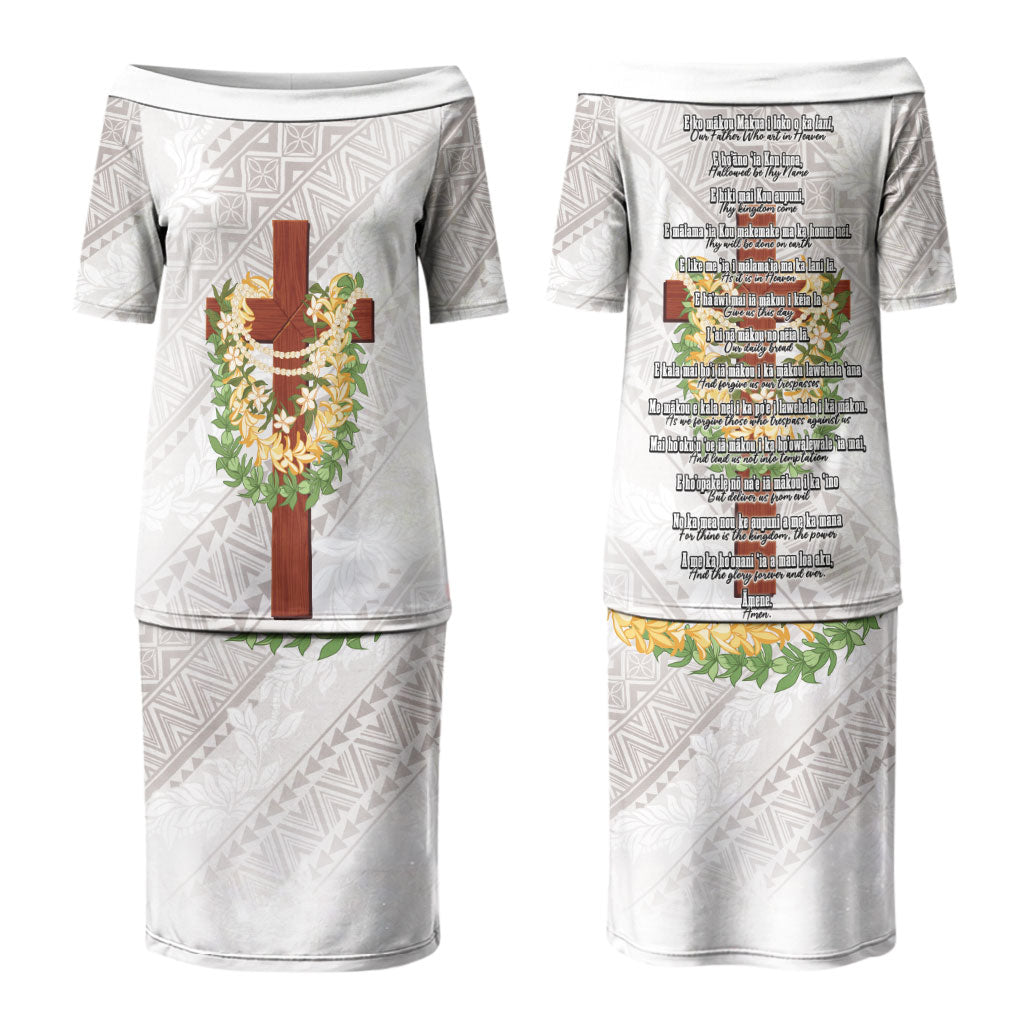 Hawaii Ka Pule a ka Haku Memorial Family Matching Puletasi and Hawaiian Shirt Flower Lei Cross - Ivory White LT7 Mom's Dress Ivory - Polynesian Pride