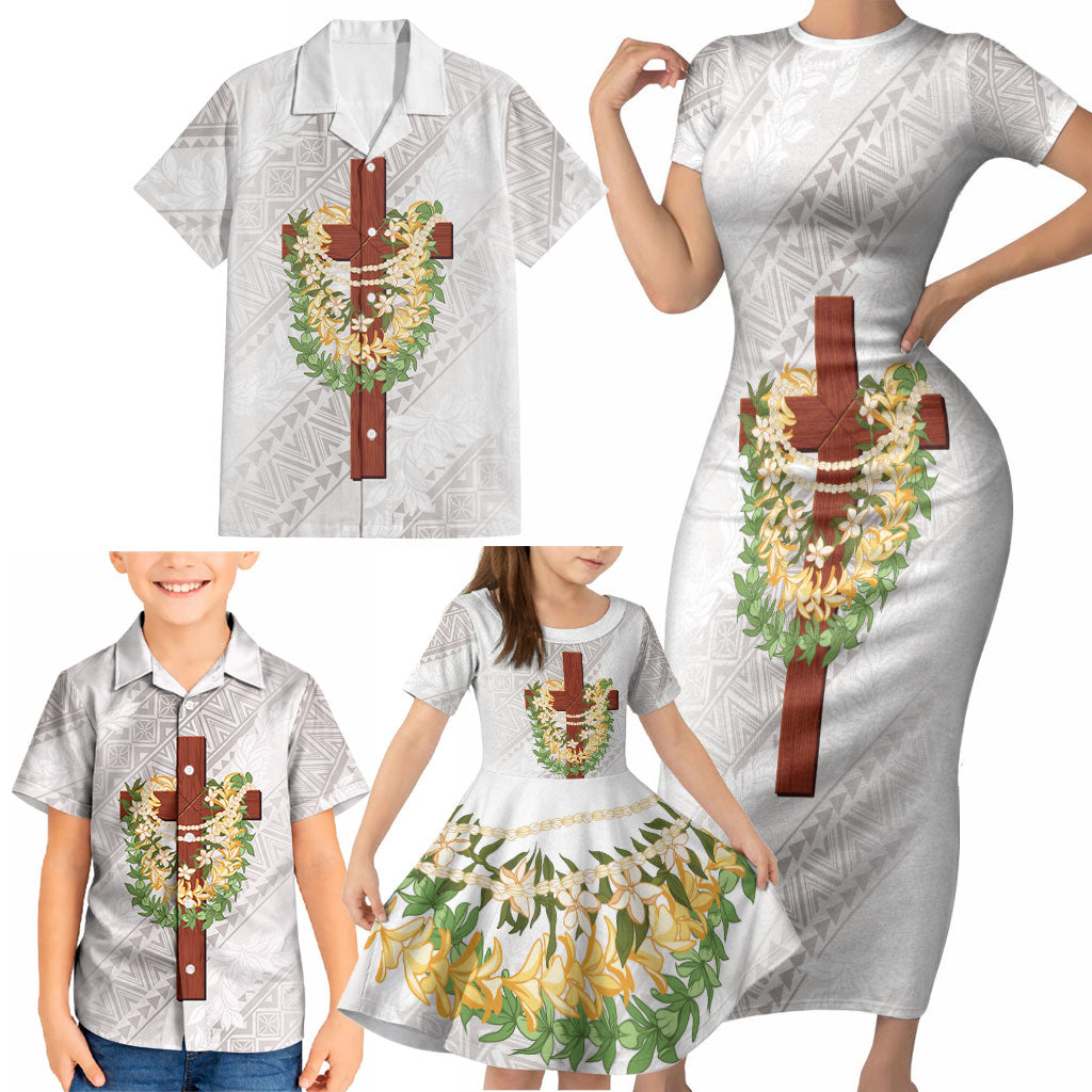 Hawaii Ka Pule a ka Haku Memorial Family Matching Short Sleeve Bodycon Dress and Hawaiian Shirt Flower Lei Cross - Ivory White LT7 - Polynesian Pride