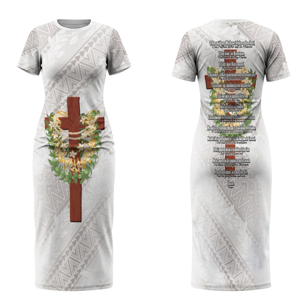 Hawaii Ka Pule a ka Haku Memorial Family Matching Short Sleeve Bodycon Dress and Hawaiian Shirt Flower Lei Cross - Ivory White LT7 Mom's Dress Ivory - Polynesian Pride