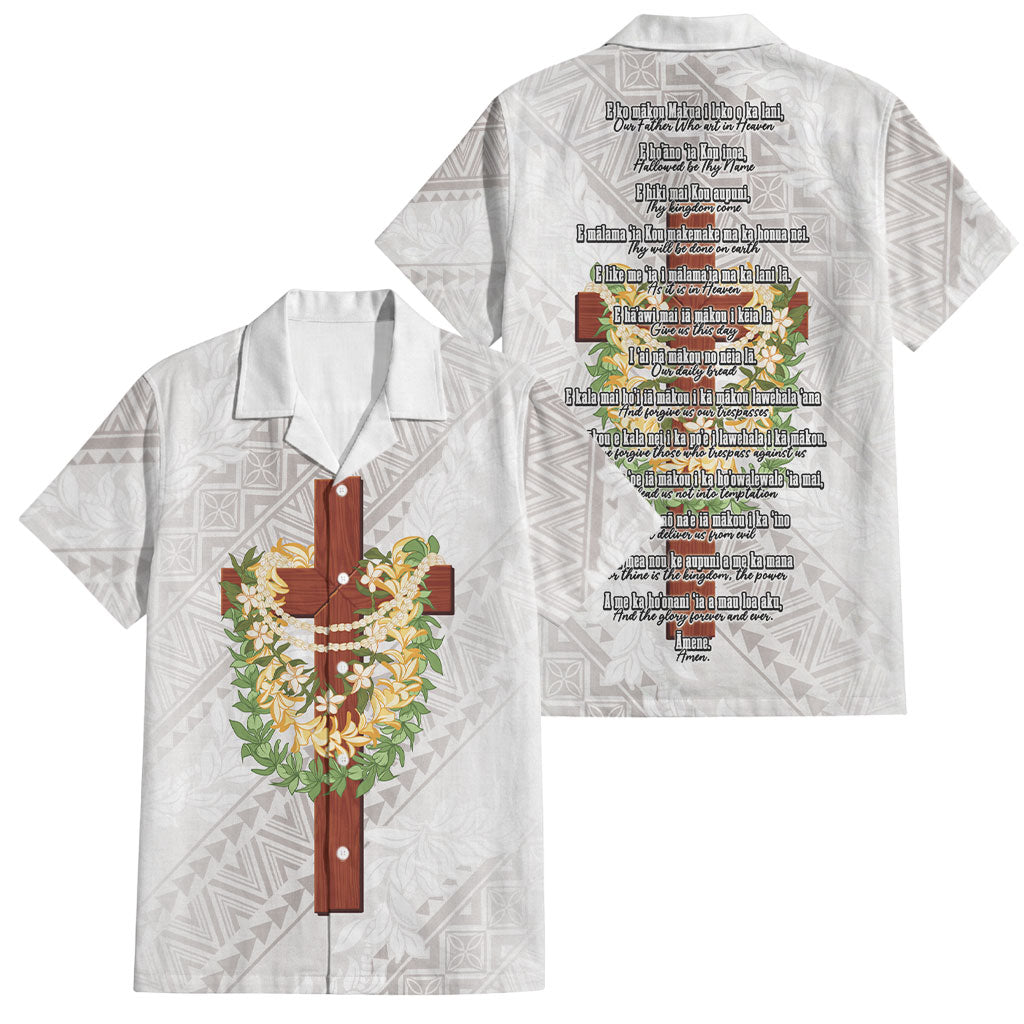 Hawaii Ka Pule a ka Haku Memorial Family Matching Short Sleeve Bodycon Dress and Hawaiian Shirt Flower Lei Cross - Ivory White LT7 Dad's Shirt - Short Sleeve Ivory - Polynesian Pride