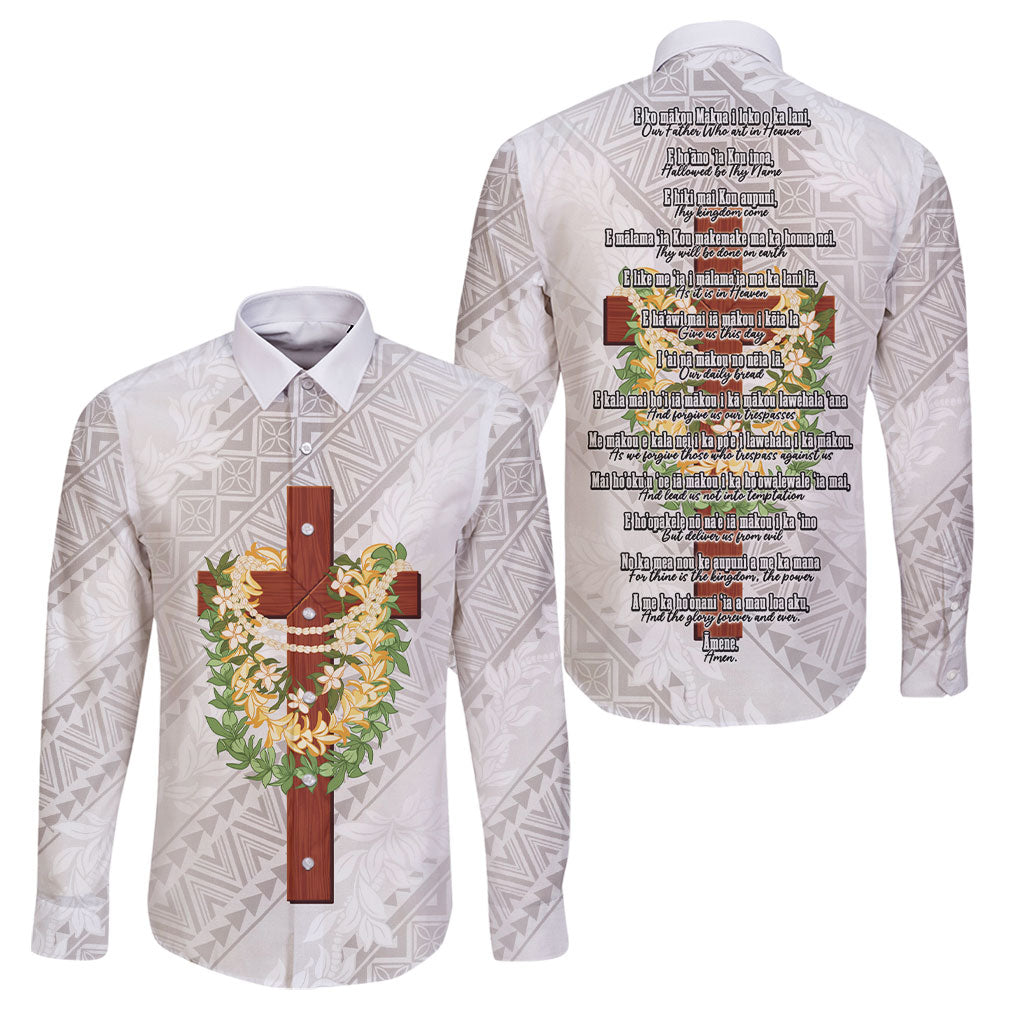 Hawaii Ka Pule a ka Haku Memorial Family Matching Short Sleeve Bodycon Dress and Hawaiian Shirt Flower Lei Cross - Ivory White LT7 Dad's Shirt - Long Sleeve Ivory - Polynesian Pride
