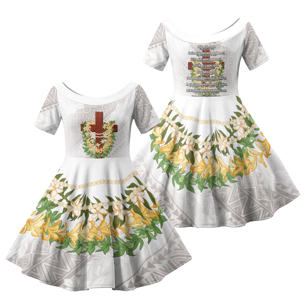 Hawaii Ka Pule a ka Haku Memorial Family Matching Short Sleeve Bodycon Dress and Hawaiian Shirt Flower Lei Cross - Ivory White LT7 Daughter's Dress Ivory - Polynesian Pride