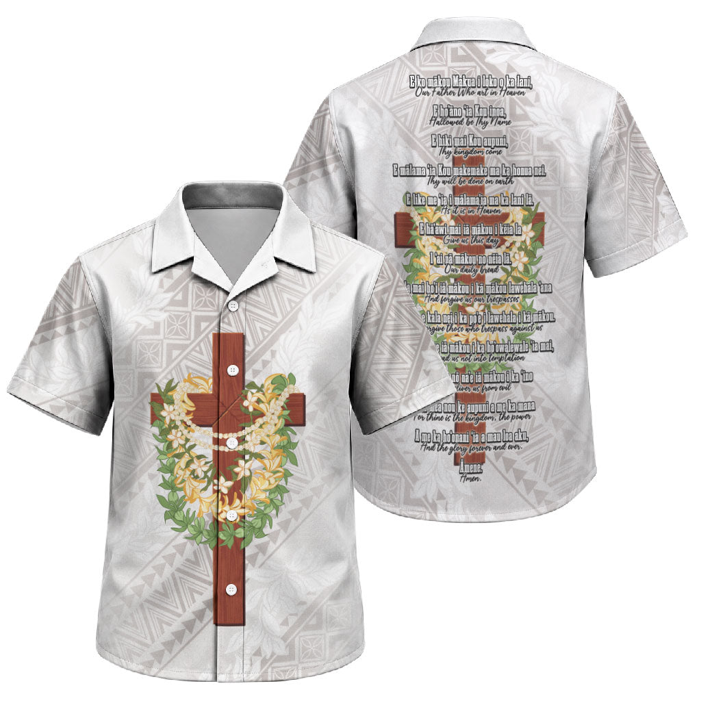 Hawaii Ka Pule a ka Haku Memorial Family Matching Short Sleeve Bodycon Dress and Hawaiian Shirt Flower Lei Cross - Ivory White LT7 Son's Shirt Ivory - Polynesian Pride