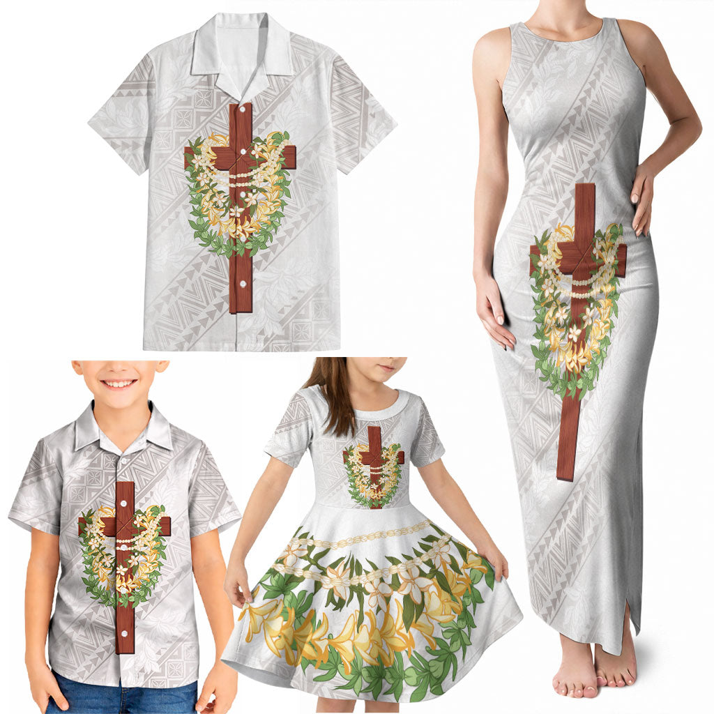 Hawaii Ka Pule a ka Haku Memorial Family Matching Tank Maxi Dress and Hawaiian Shirt Flower Lei Cross - Ivory White LT7 - Polynesian Pride