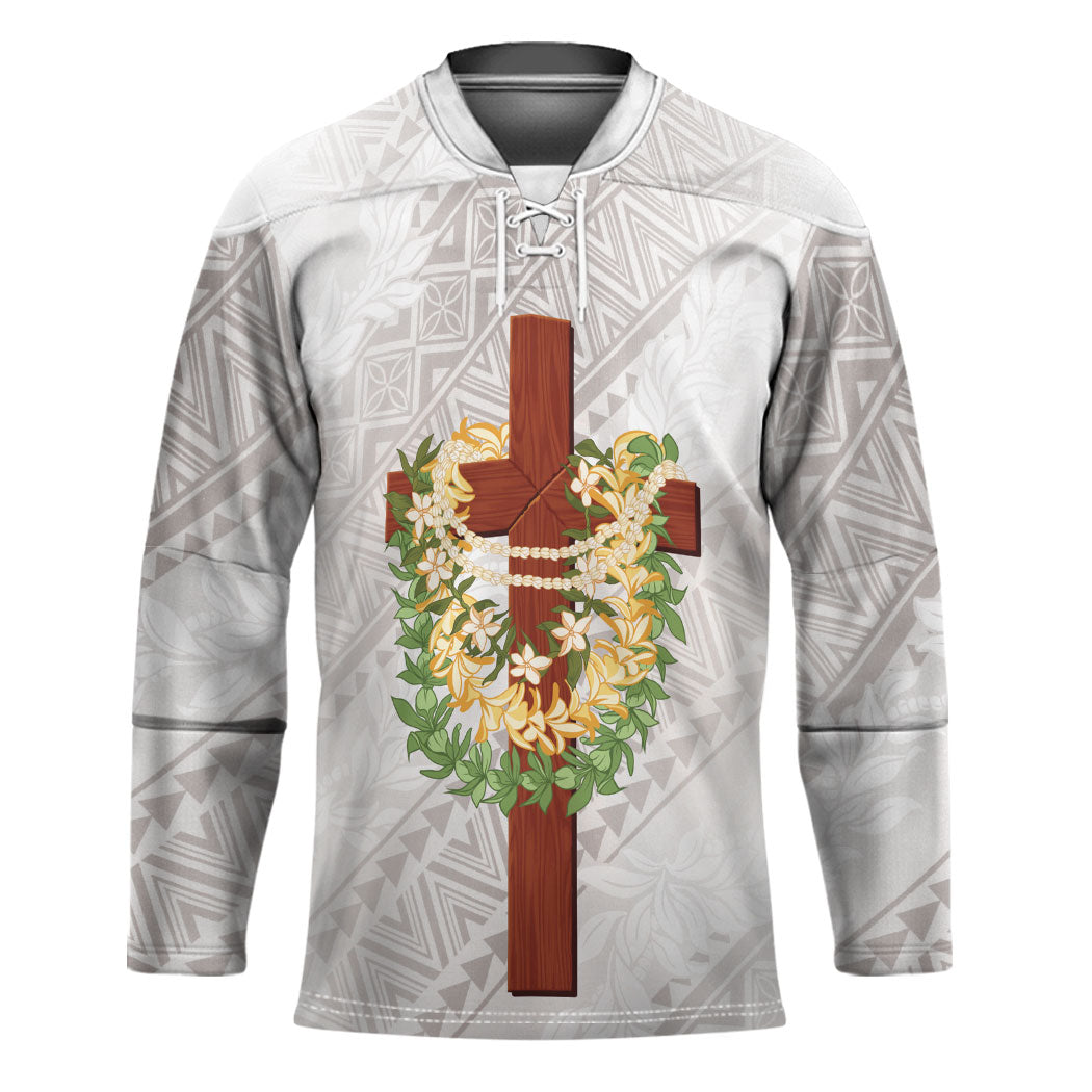 Hawaii Ka Pule a ka Haku Memorial Hockey Jersey Flower Lei Cross - Ivory White LT7 Unisex Ivory - Polynesian Pride