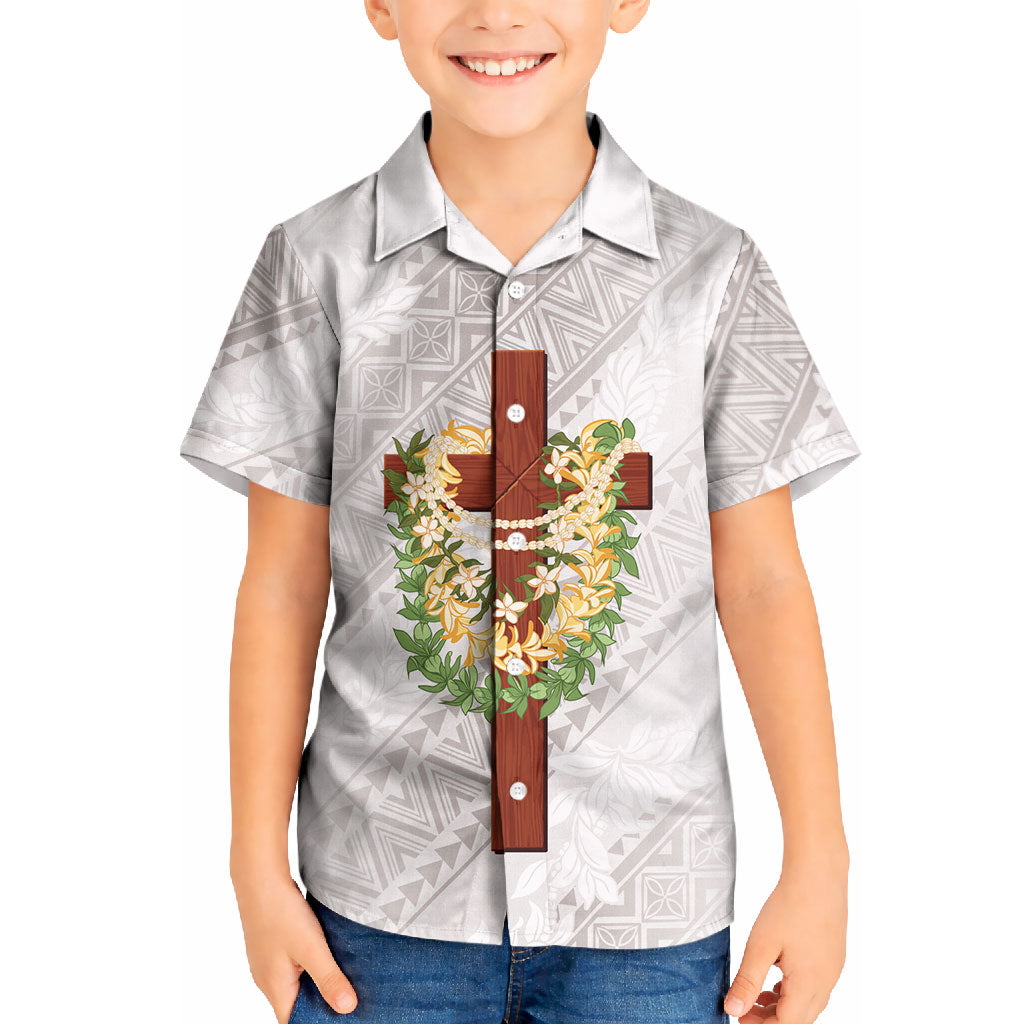 Hawaii Ka Pule a ka Haku Memorial Kid Hawaiian Shirt Flower Lei Cross - Ivory White LT7 Kid Ivory - Polynesian Pride