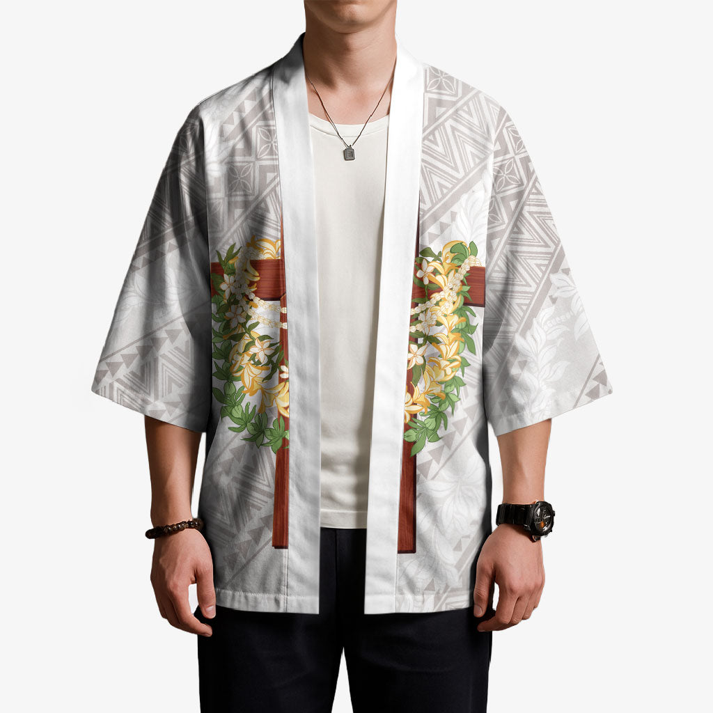 Hawaii Ka Pule a ka Haku Memorial Kimono Flower Lei Cross - Ivory White LT7 - Polynesian Pride