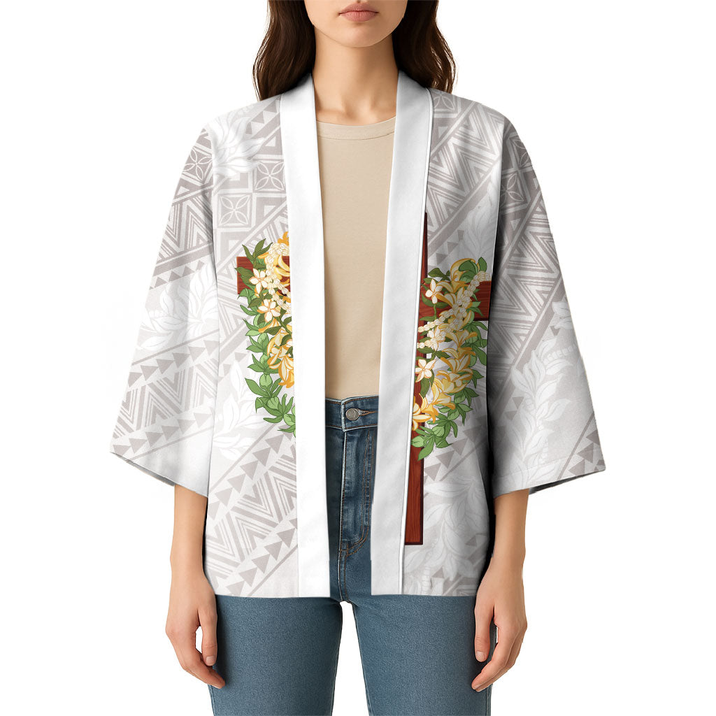 Hawaii Ka Pule a ka Haku Memorial Kimono Flower Lei Cross - Ivory White LT7 - Polynesian Pride