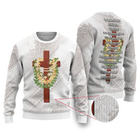 Hawaii ⁠Ka Pule a ka Haku Memorial Ugly Christmas Sweater Flower Lei Cross - Ivory White