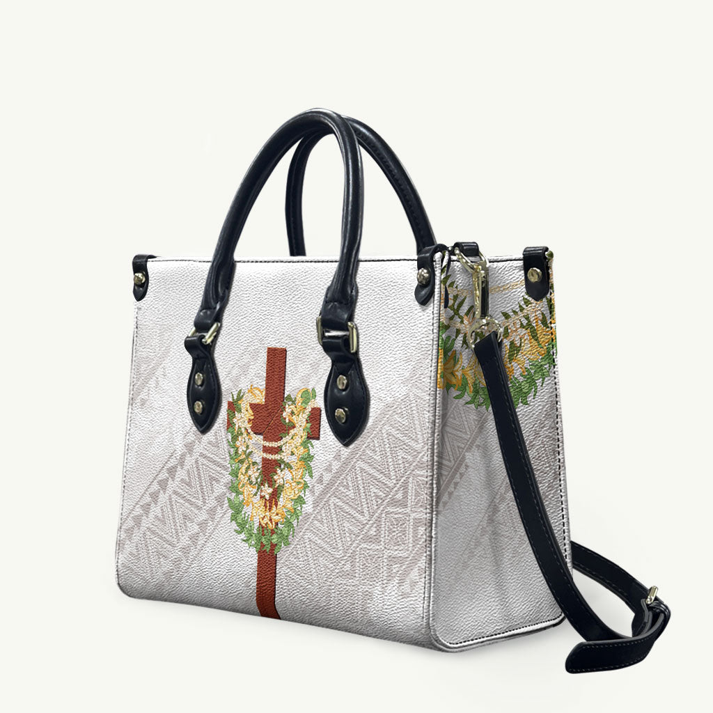 Hawaii Ka Pule a ka Haku Memorial Leather Bag Flower Lei Cross - Ivory White LT7 Ivory - Polynesian Pride