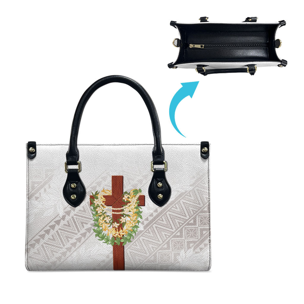Hawaii Ka Pule a ka Haku Memorial Leather Bag Flower Lei Cross - Ivory White LT7 - Polynesian Pride