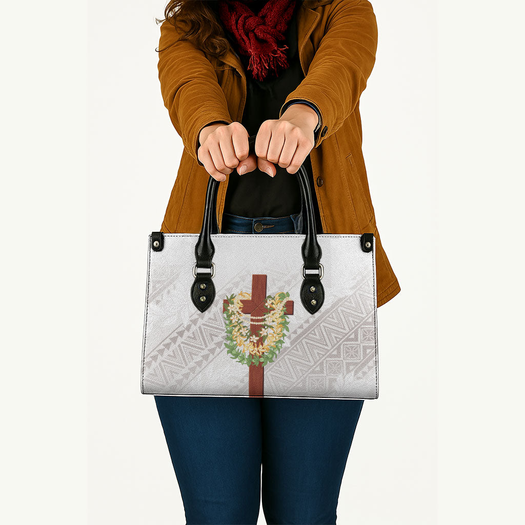 Hawaii Ka Pule a ka Haku Memorial Leather Bag Flower Lei Cross - Ivory White LT7 - Polynesian Pride