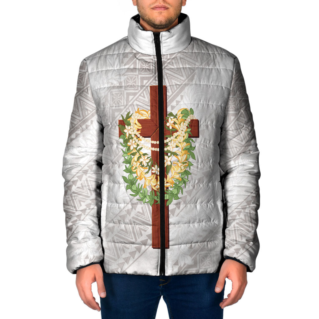 Hawaii Ka Pule a ka Haku Memorial Padded Jacket Flower Lei Cross - Ivory White LT7 Men Ivory - Polynesian Pride
