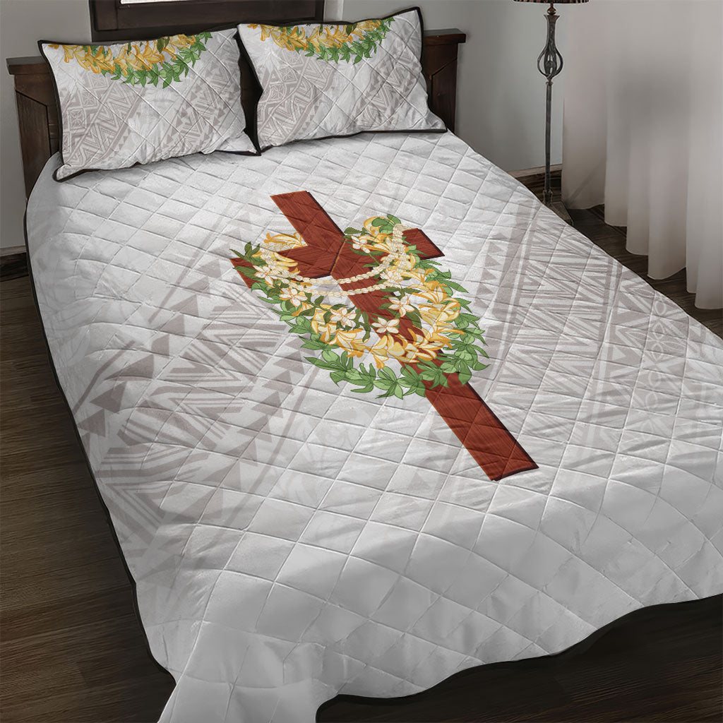 Hawaii Ka Pule a ka Haku Memorial Quilt Bed Set Flower Lei Cross - Ivory White LT7 Ivory - Polynesian Pride