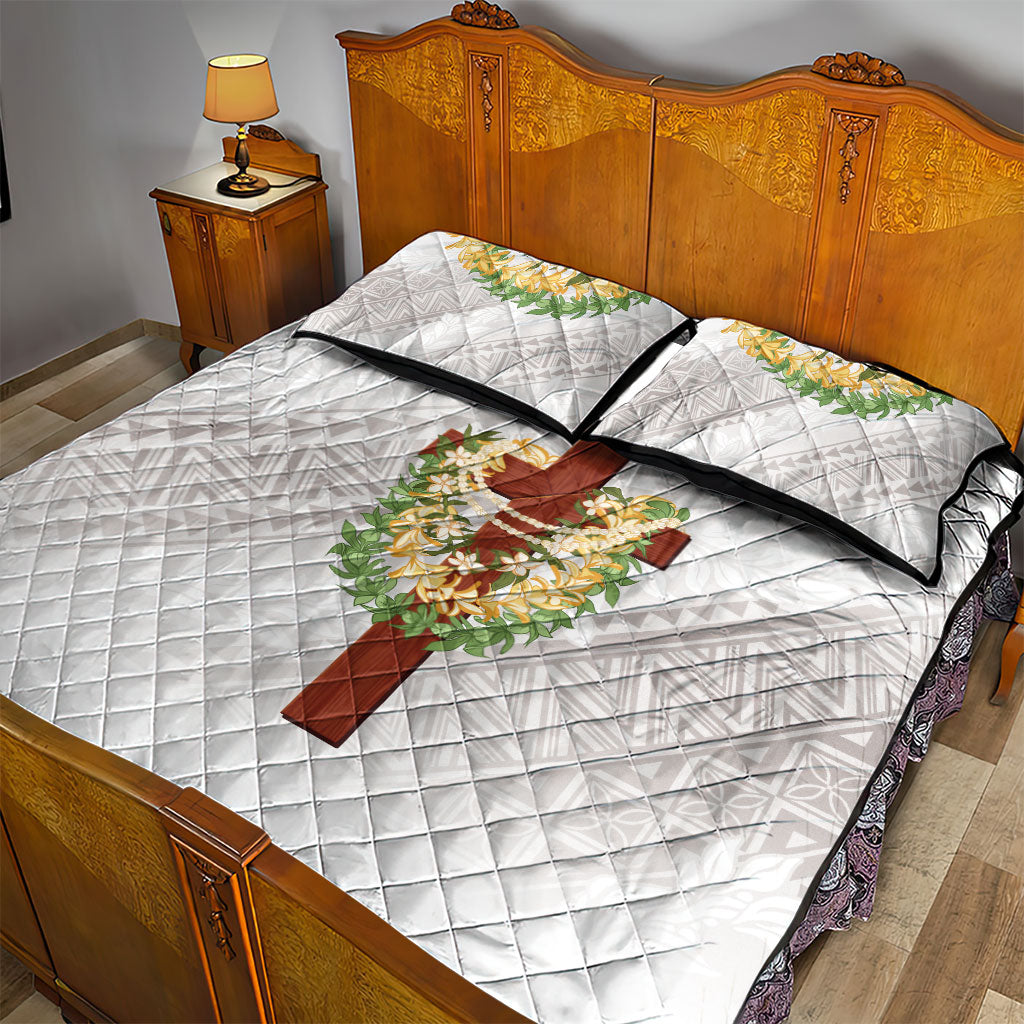 Hawaii Ka Pule a ka Haku Memorial Quilt Bed Set Flower Lei Cross - Ivory White LT7 - Polynesian Pride