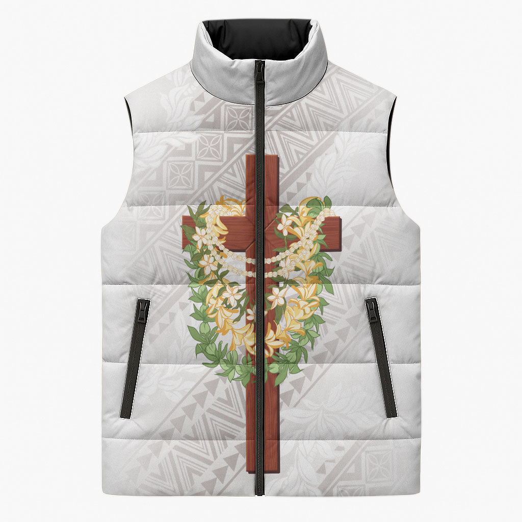 Hawaii Ka Pule a ka Haku Memorial Sleeveless Puffer Jacket Flower Lei Cross - Ivory White LT7 Unisex Ivory - Polynesian Pride