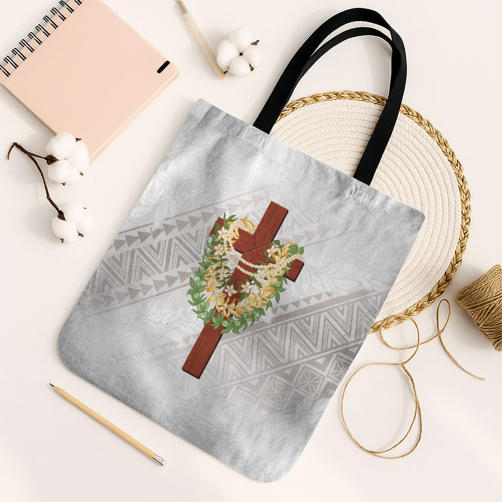Hawaii Ka Pule a ka Haku Memorial Tote Bag Flower Lei Cross - Ivory White LT7 Black Strap One Size Ivory - Polynesian Pride