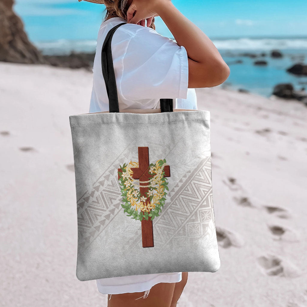 Hawaii Ka Pule a ka Haku Memorial Tote Bag Flower Lei Cross - Ivory White LT7 - Polynesian Pride