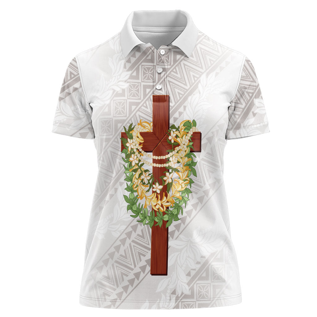 Hawaii Ka Pule a ka Haku Memorial Women Polo Shirt Flower Lei Cross - Ivory White LT7 Female Ivory - Polynesian Pride